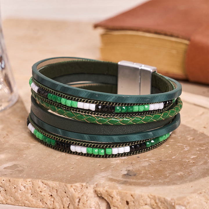 Bracelet bohème vintage multicouche en cuir et perles - Vert - image 12