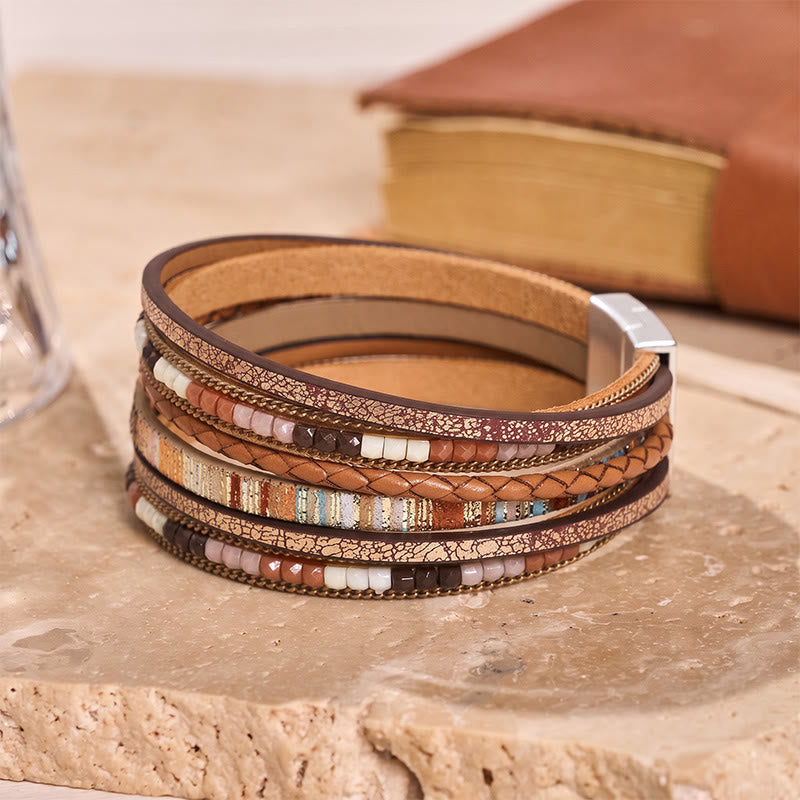 Bracelet bohème vintage multicouche en cuir et perles - Kaki - image 4