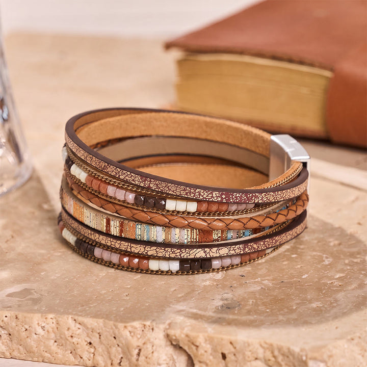 Bracelet bohème vintage multicouche en cuir et perles - Kaki - image 4