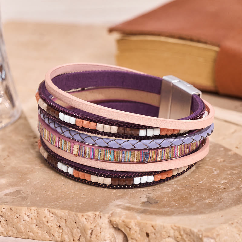 Bracelet bohème vintage multicouche en cuir et perles - Violet - image 9