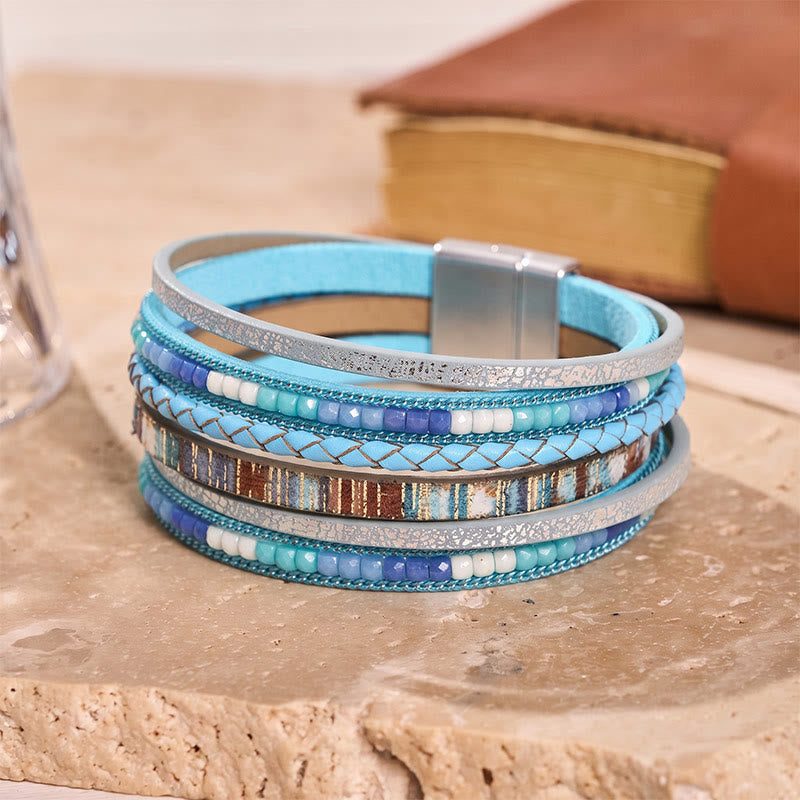Bracelet bohème vintage multicouche en cuir et perles - Bleu clair - image 5