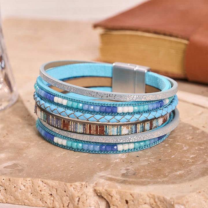 Bracelet bohème vintage multicouche en cuir et perles - Bleu clair - image 5
