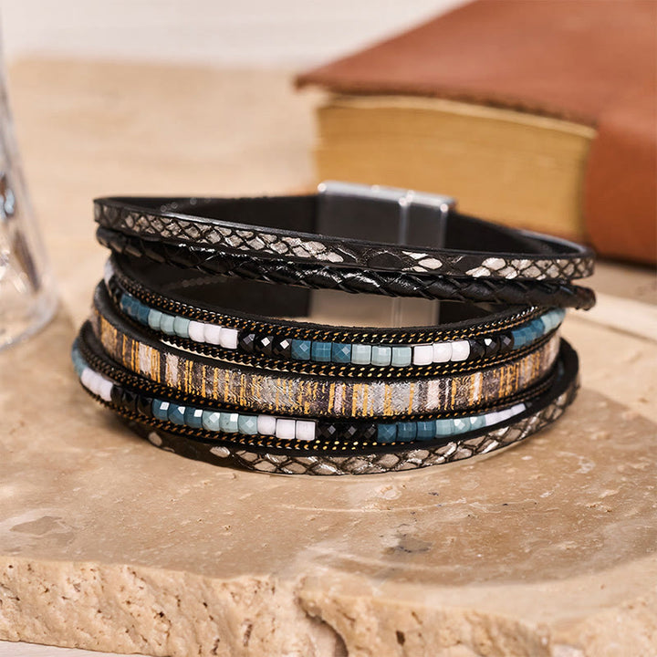 Bracelet bohème vintage multicouche en cuir et perles - Noir - image 2