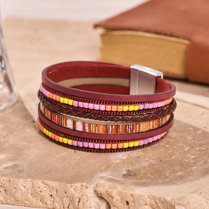 Bracelet bohème vintage multicouche en cuir et perles - Rouge - image 11