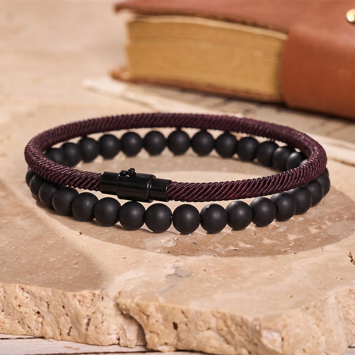 Ensemble de deux bracelets vintage pour homme en cuir et pierre naturelle - Vin - image 4