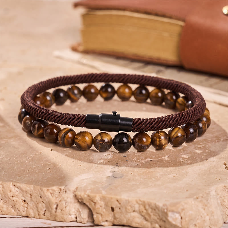 Ensemble de deux bracelets vintage pour homme en cuir et pierre naturelle - Café - image 8