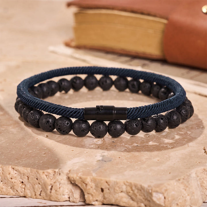 Ensemble de deux bracelets vintage pour homme en cuir et pierre naturelle - Bleu marine - image 7