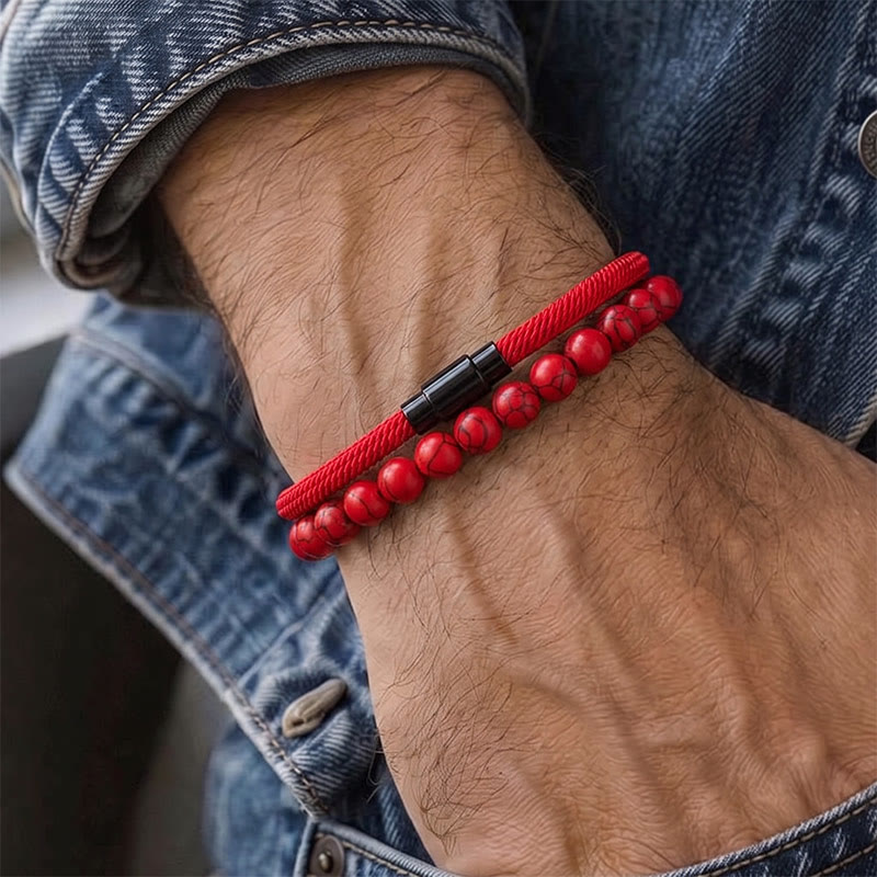 Ensemble de deux bracelets vintage pour homme en cuir et pierre naturelle - image 1