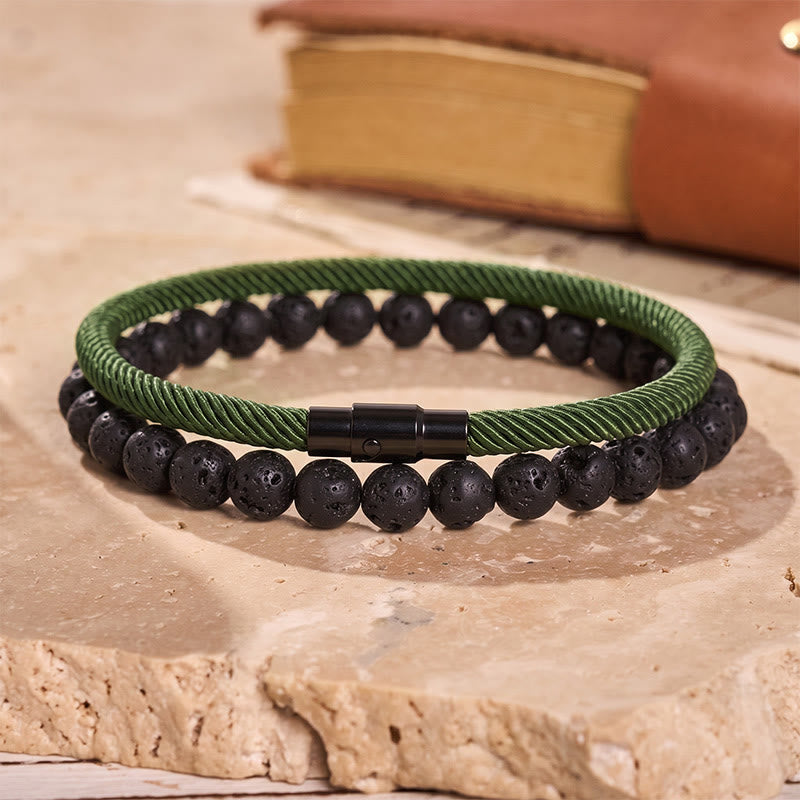 Ensemble de deux bracelets vintage pour homme en cuir et pierre naturelle - Vert armée - image 10