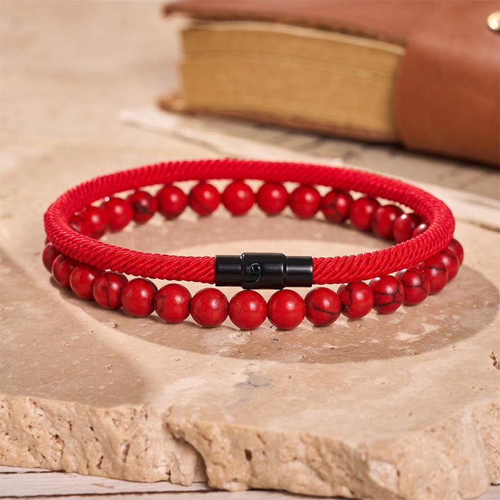 Ensemble de deux bracelets vintage pour homme en cuir et pierre naturelle - Rouge - image 3