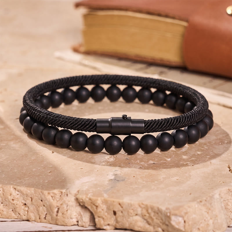 Ensemble de deux bracelets vintage pour homme en cuir et pierre naturelle - Noir - image 6