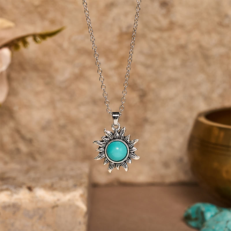 Collier pendentif vintage en argent et turquoise à motif soleil - Bleu - image 0