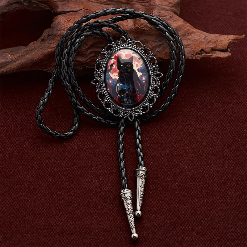 Pendentif lumineux chat noir gothique et crâne, cravate bolo - Chat et crâne - image 0