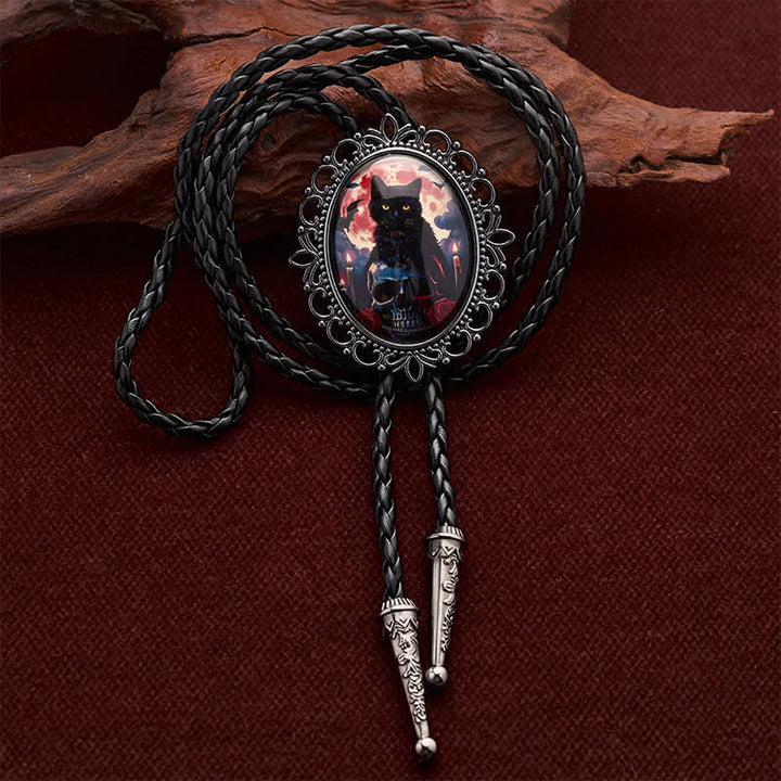 Pendentif lumineux chat noir gothique et crâne, cravate bolo - Chat et crâne - image 0