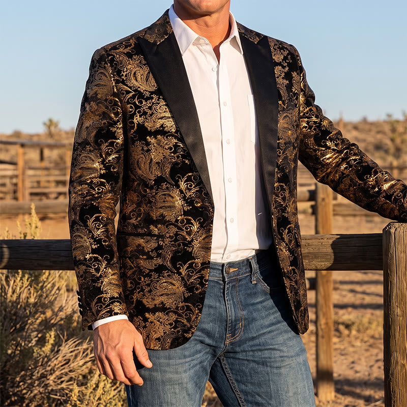 Blazer de luxe pour homme en jacquard floral doré - image 0