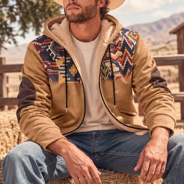 Veste à capuche chaude doublée polaire style western aztèque vintage pour homme - Kaki - 4XL - image 0