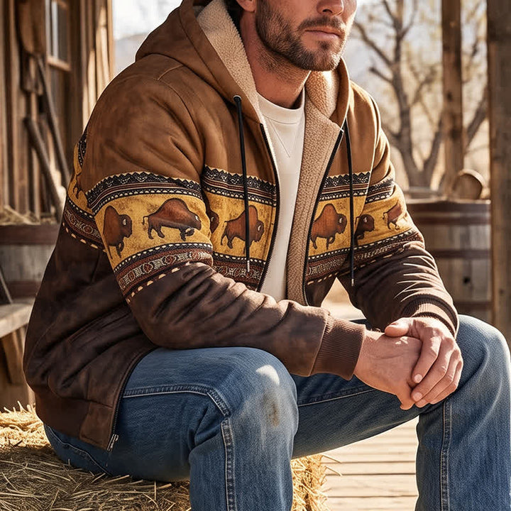 Veste de travail d'hiver à capuche pour homme, motif buffle amérindien - Caramel et brun - 4XL - image 0