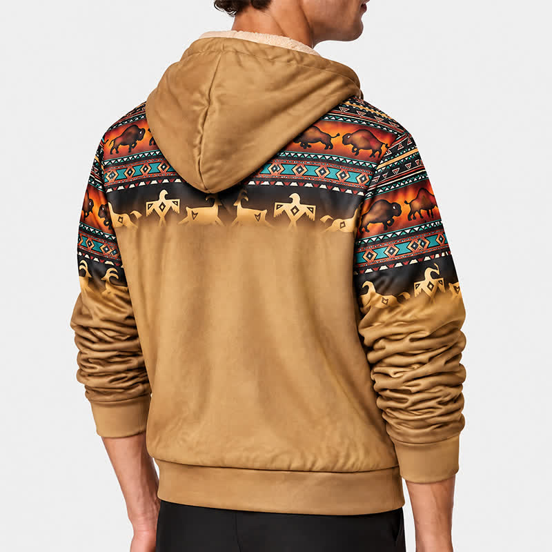 Veste à capuche pour homme avec doublure chaude imprimée en 3D, motif bison tribal coucher de soleil - image 3