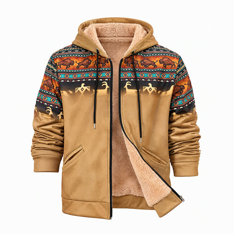Veste à capuche pour homme avec doublure chaude imprimée en 3D, motif bison tribal coucher de soleil - image 9