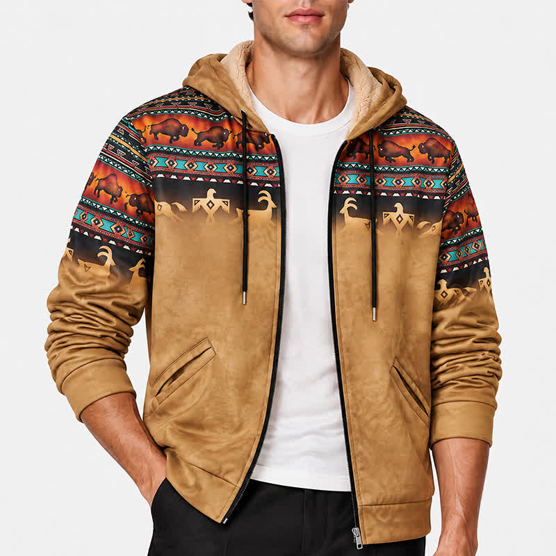 Veste à capuche pour homme avec doublure chaude imprimée en 3D, motif bison tribal coucher de soleil - image 1