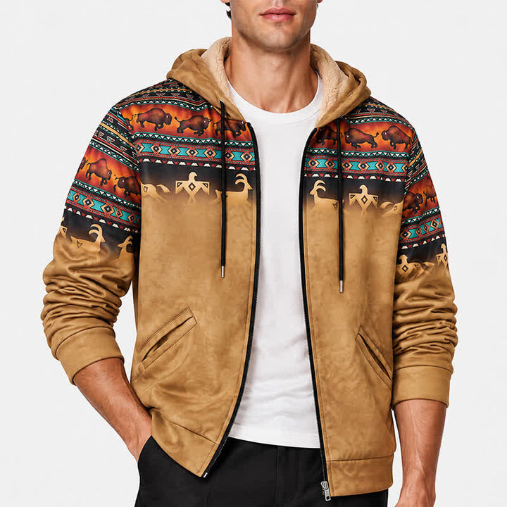 Veste à capuche pour homme avec doublure chaude imprimée en 3D, motif bison tribal coucher de soleil - image 1