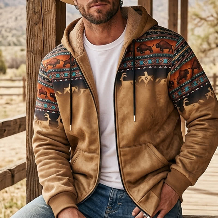 Veste à capuche pour homme avec doublure chaude imprimée en 3D, motif bison tribal coucher de soleil - Beige poussiéreux - 4XL - image 0