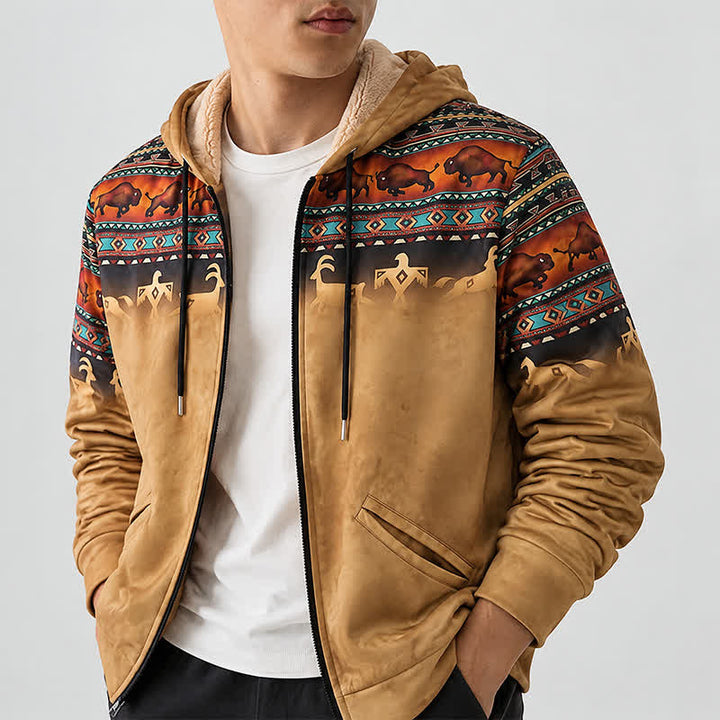 Veste à capuche pour homme avec doublure chaude imprimée en 3D, motif bison tribal coucher de soleil - image 2