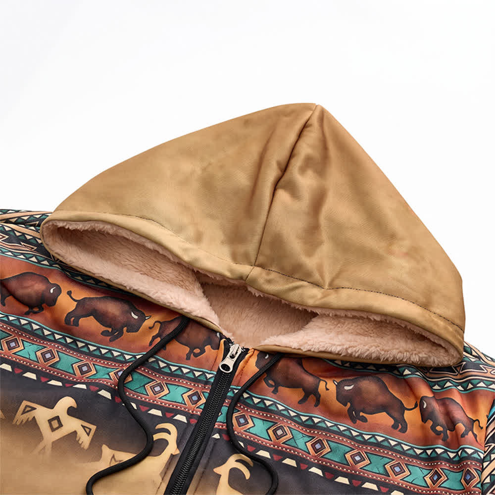 Veste à capuche pour homme avec doublure chaude imprimée en 3D, motif bison tribal coucher de soleil - image 4