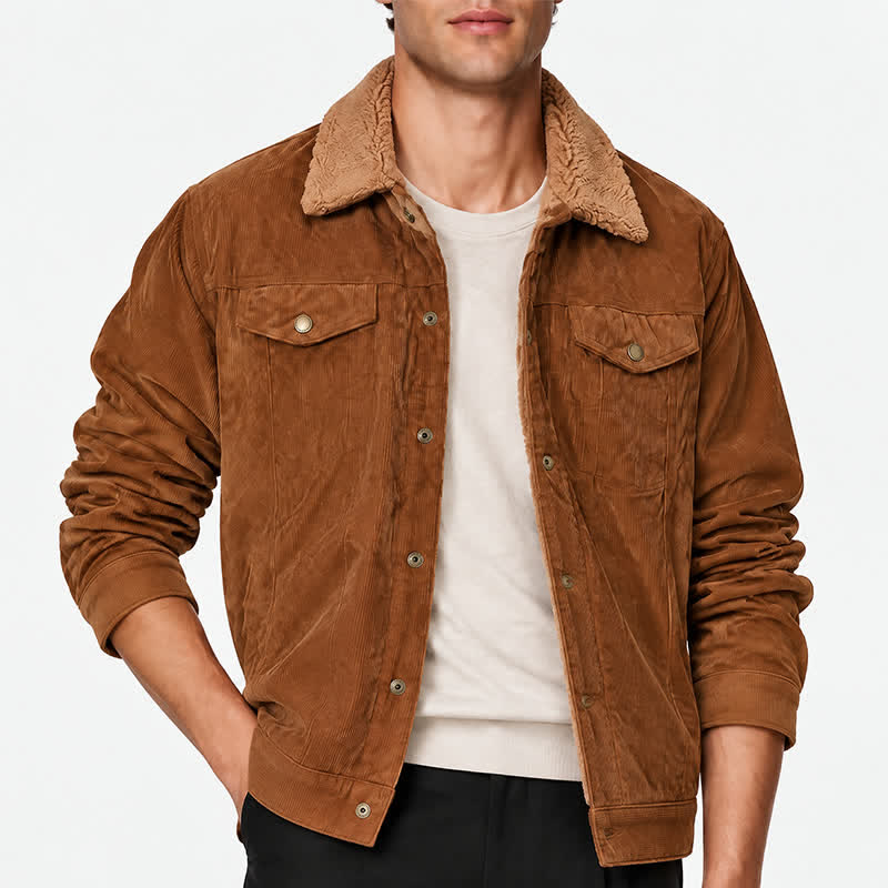 Veste d'extérieur pour homme en velours côtelé à capuche confortable avec col en polaire - image 1