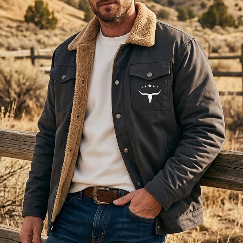 Veste western pour homme en toile à imprimé taureau et col montant - Gris foncé - 5XL - image 3