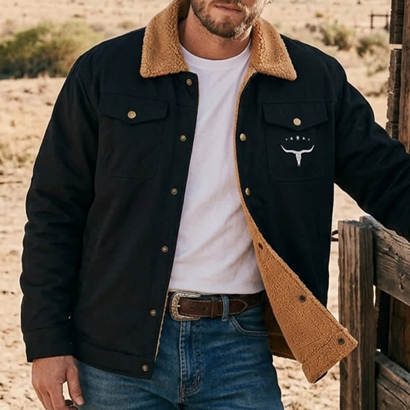 Veste western pour homme en toile à imprimé taureau et col montant - Noir - 5XL - image 0