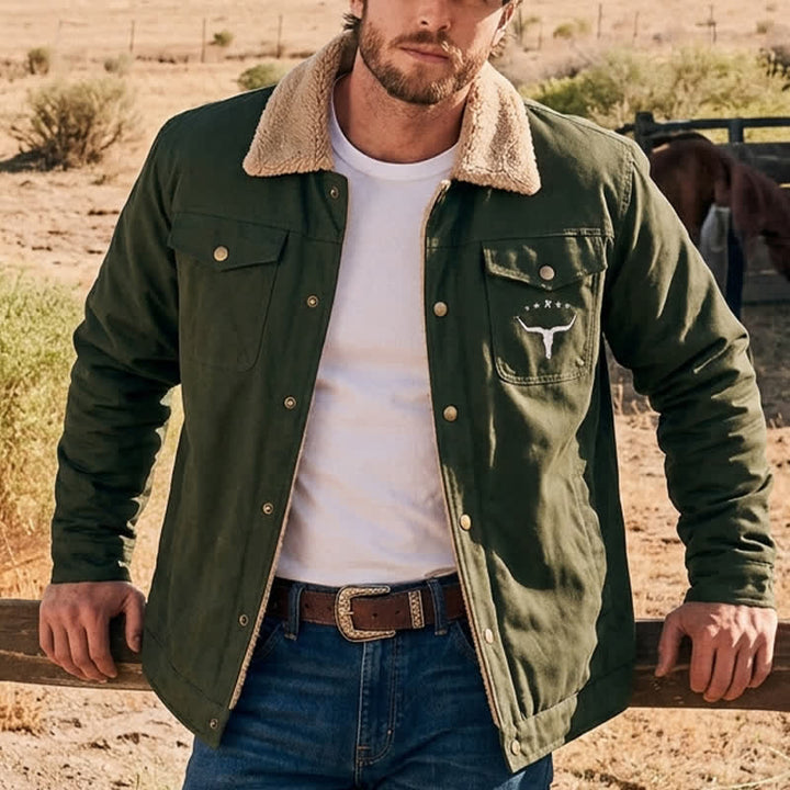 Veste western pour homme en toile à imprimé taureau et col montant - Vert armée - 5XL - image 6