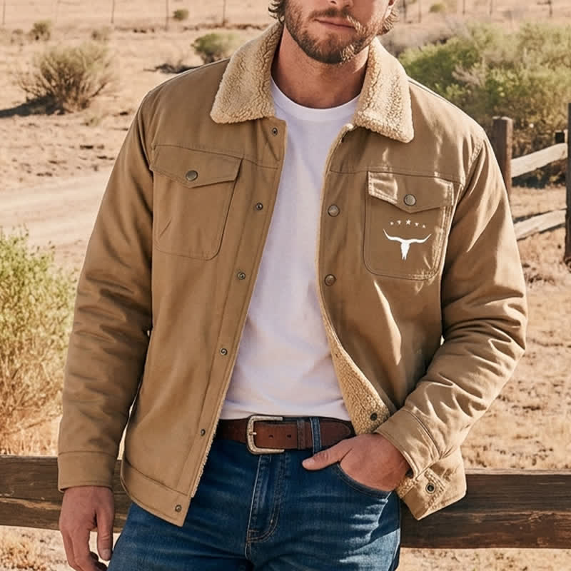 Veste western pour homme en toile à imprimé taureau et col montant - Café - 5XL - image 5