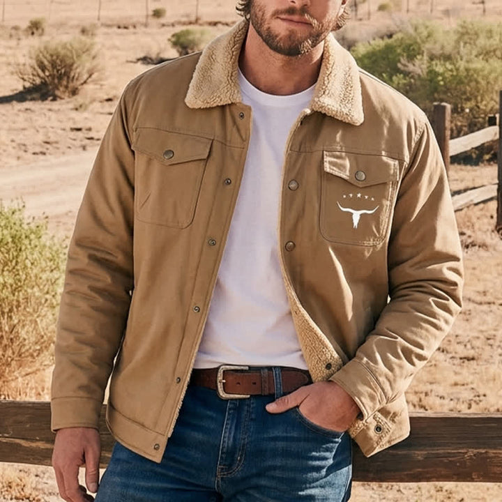 Veste western pour homme en toile à imprimé taureau et col montant - Café - 5XL - image 5