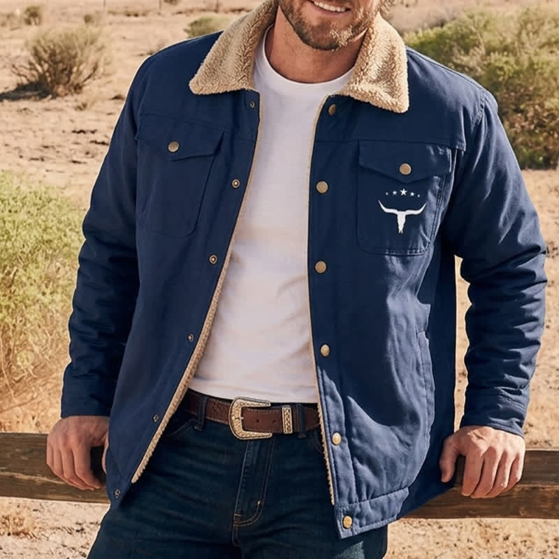Veste western pour homme en toile à imprimé taureau et col montant - Bleu foncé - 5XL - image 4