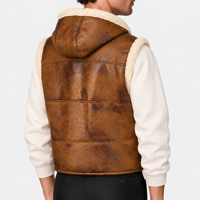 Gilet sans manches doublé épais en similicuir pour homme avec capuche - image 2