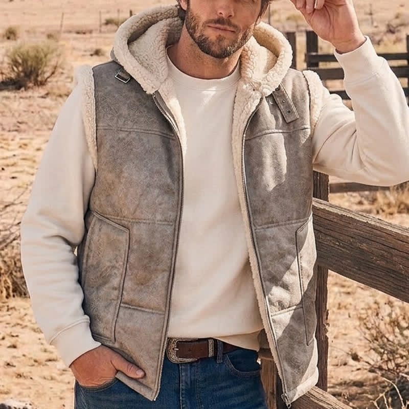 Gilet sans manches doublé épais en similicuir pour homme avec capuche - Ivoire - 2XL - image 4