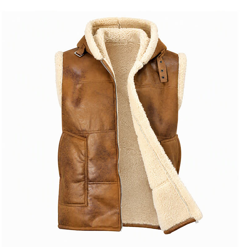 Gilet sans manches doublé épais en similicuir pour homme avec capuche - image 12