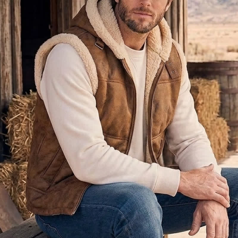 Gilet sans manches doublé épais en similicuir pour homme avec capuche - Brun - 2XL - image 0