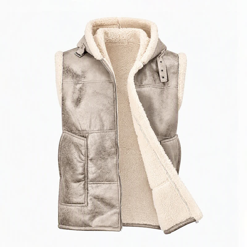 Gilet sans manches doublé épais en similicuir pour homme avec capuche - image 14
