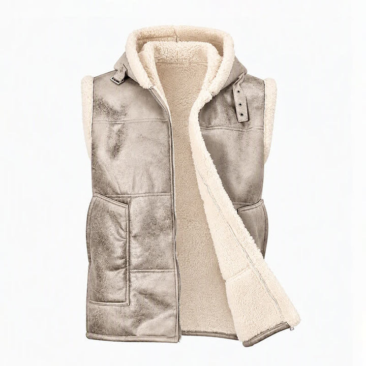 Gilet sans manches doublé épais en similicuir pour homme avec capuche - image 14