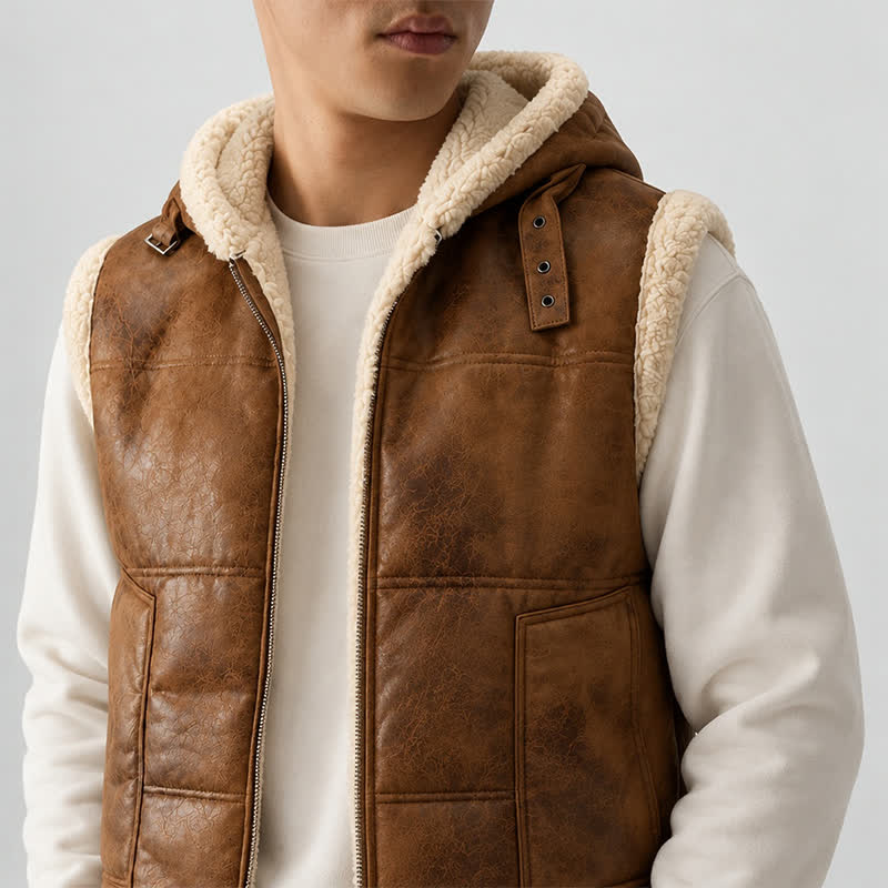 Gilet sans manches doublé épais en similicuir pour homme avec capuche - image 3