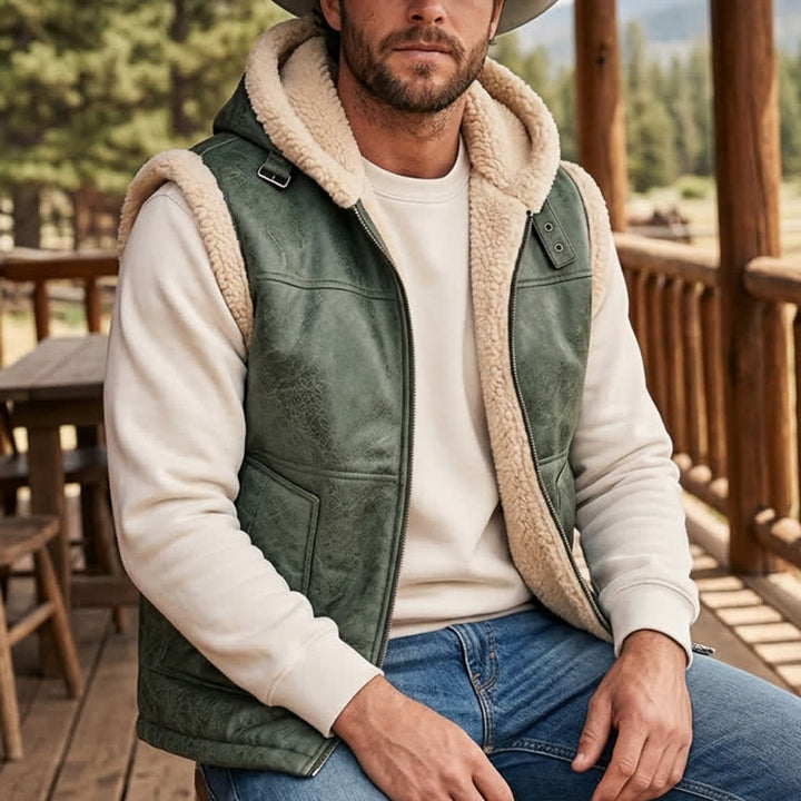 Gilet sans manches doublé épais en similicuir pour homme avec capuche - Vert clair - 2XL - image 5