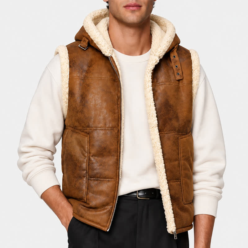Gilet sans manches doublé épais en similicuir pour homme avec capuche - image 1