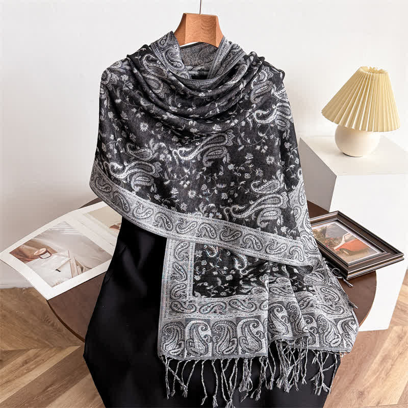 Écharpe jacquard à motif cachemire et fleurs cachemire style bohème, style voyage - Noir Gris - image 18