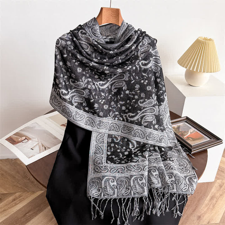 Écharpe jacquard à motif cachemire et fleurs cachemire style bohème, style voyage - Noir Gris - image 18