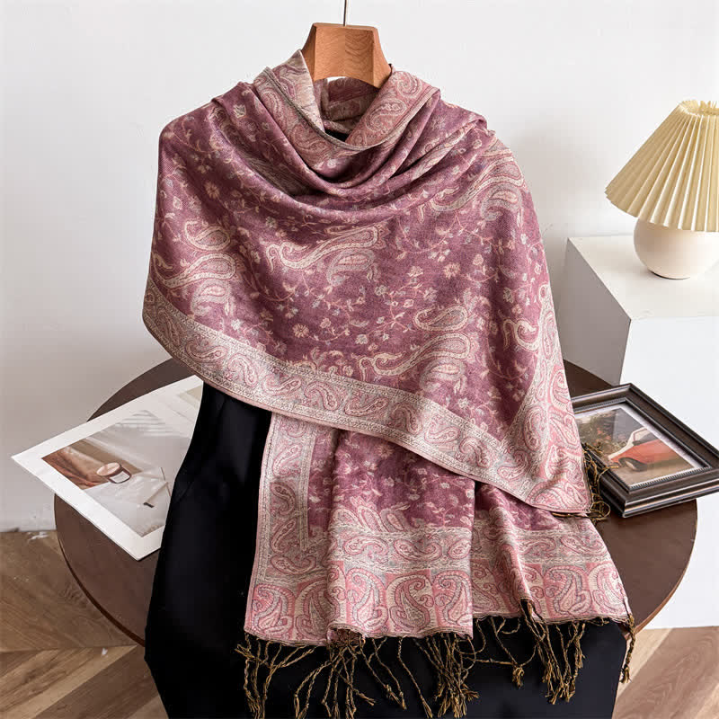 Écharpe jacquard à motif cachemire et fleurs cachemire style bohème, style voyage - Rose - image 6