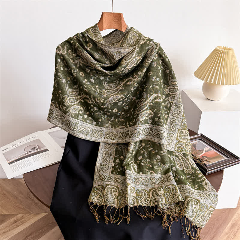 Écharpe jacquard à motif cachemire et fleurs cachemire style bohème, style voyage - Vert armée - image 24