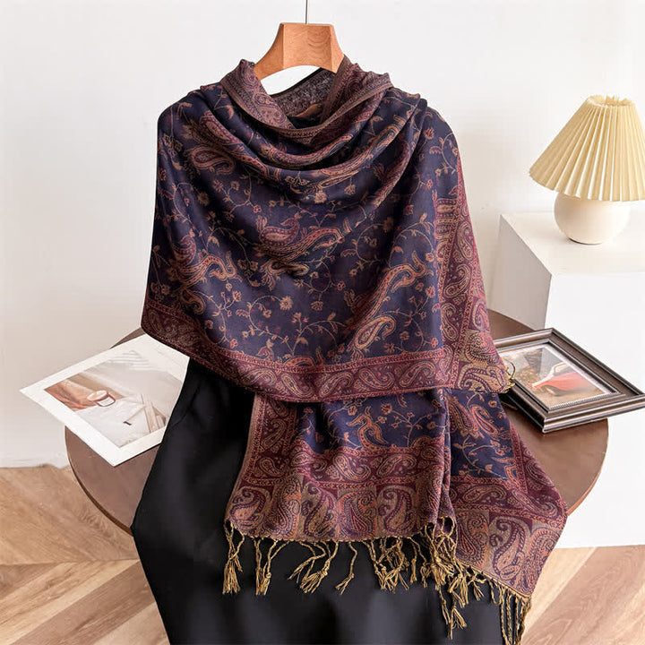 Écharpe jacquard à motif cachemire et fleurs cachemire style bohème, style voyage - Violet foncé - image 14