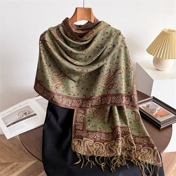 Écharpe jacquard à motif cachemire et fleurs cachemire style bohème, style voyage - Vert mousse - image 22